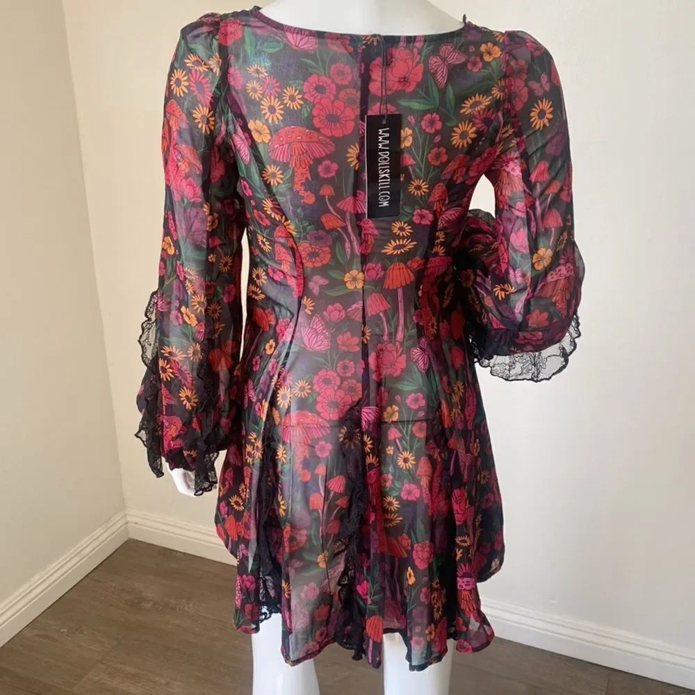 Dolls Kill Brand Current Mood Daydreamer Floral & Mushroom Print Mini Dress 🍄 - Picture 4 of 6